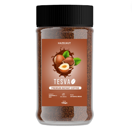 Tesva Instant Coffee, Hazelnut, 100gm, Granule, Glass Bottle