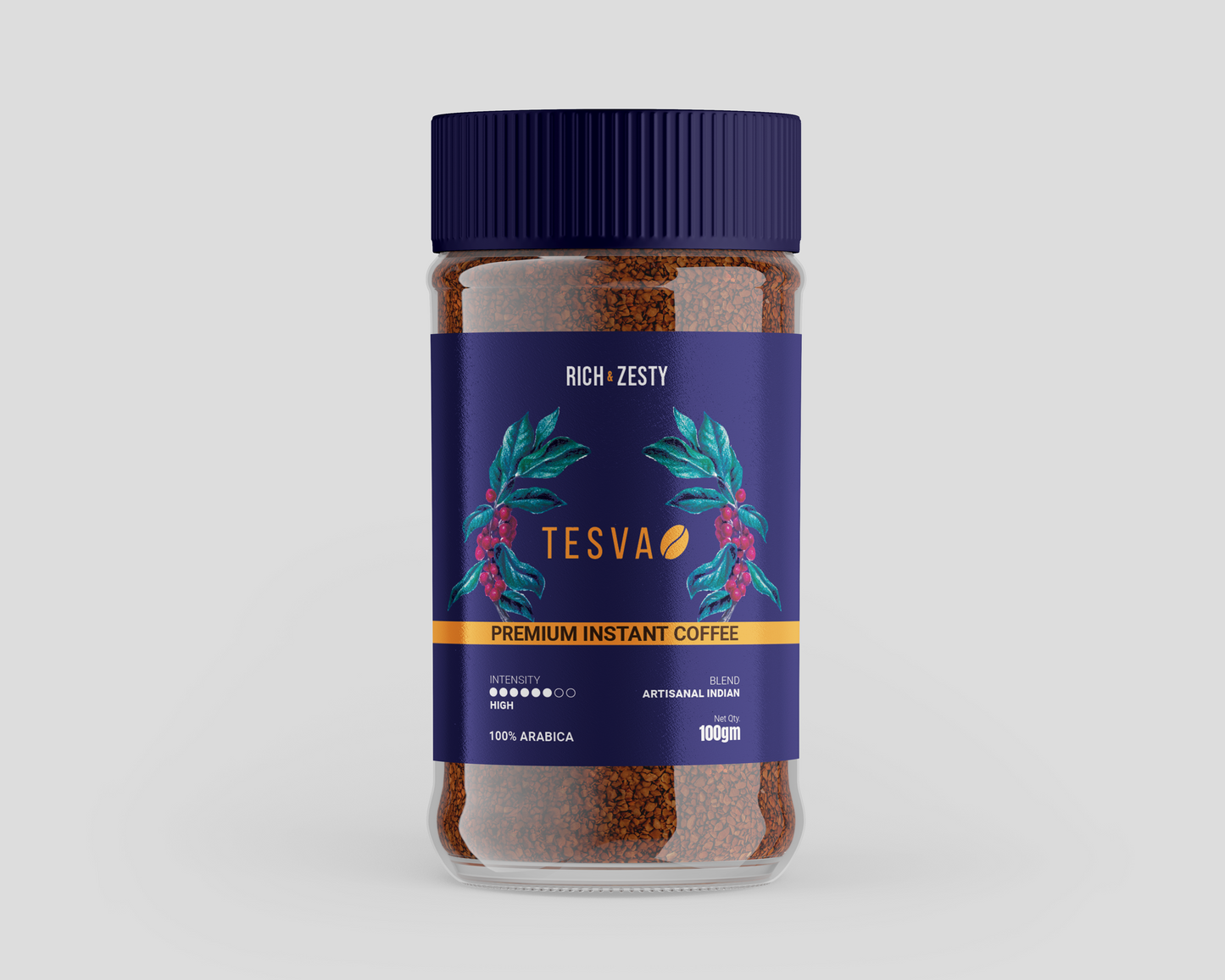 Tesva Instant Coffee, Artisanal Indian Blend, 100gm, Granule, Glass Bottle